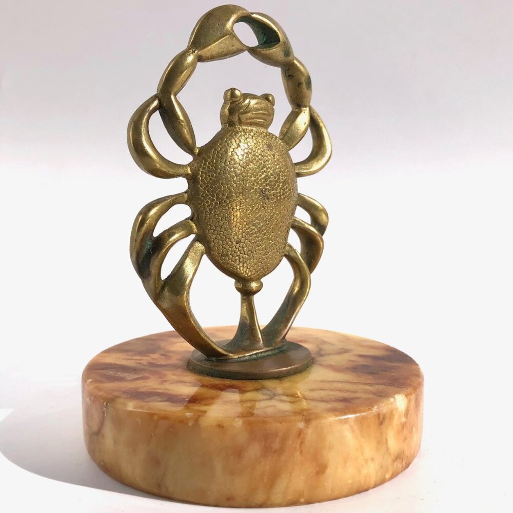 brass crab statue on marble nautical ocean astrological cancer vintage sculpture - Picture 5 of 13